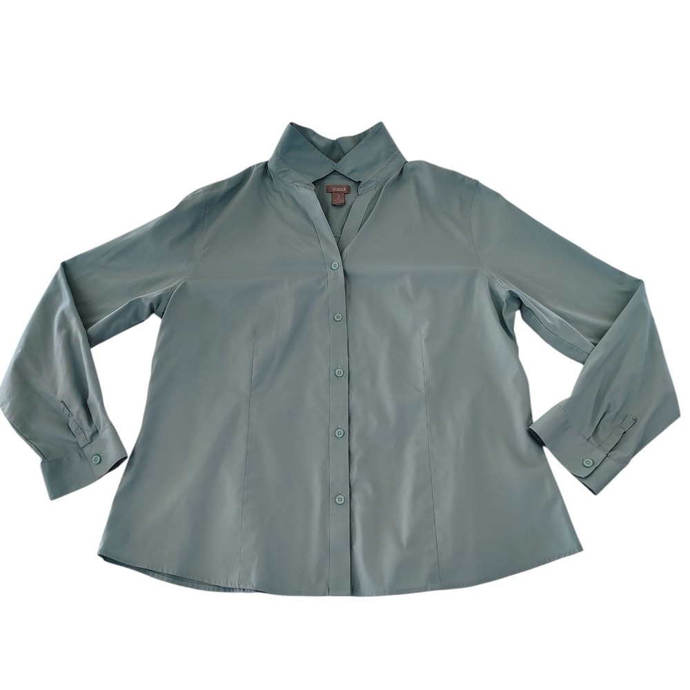 Chico's‎ Women Size 3 Dusty Blue Split Neck Button Down Long Sleeve Blouse Shirt